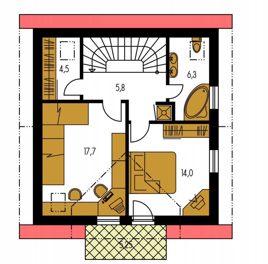 Menší 3-izbový podkrovný rodinný dom na užší pozemok, vhodný aj ako chata.